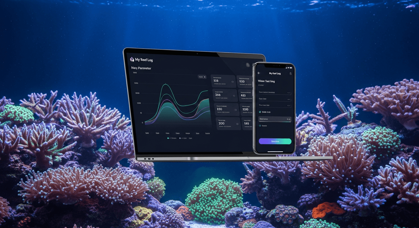 My Reef Log dashboard showing water parameter charts on laptop and mobile